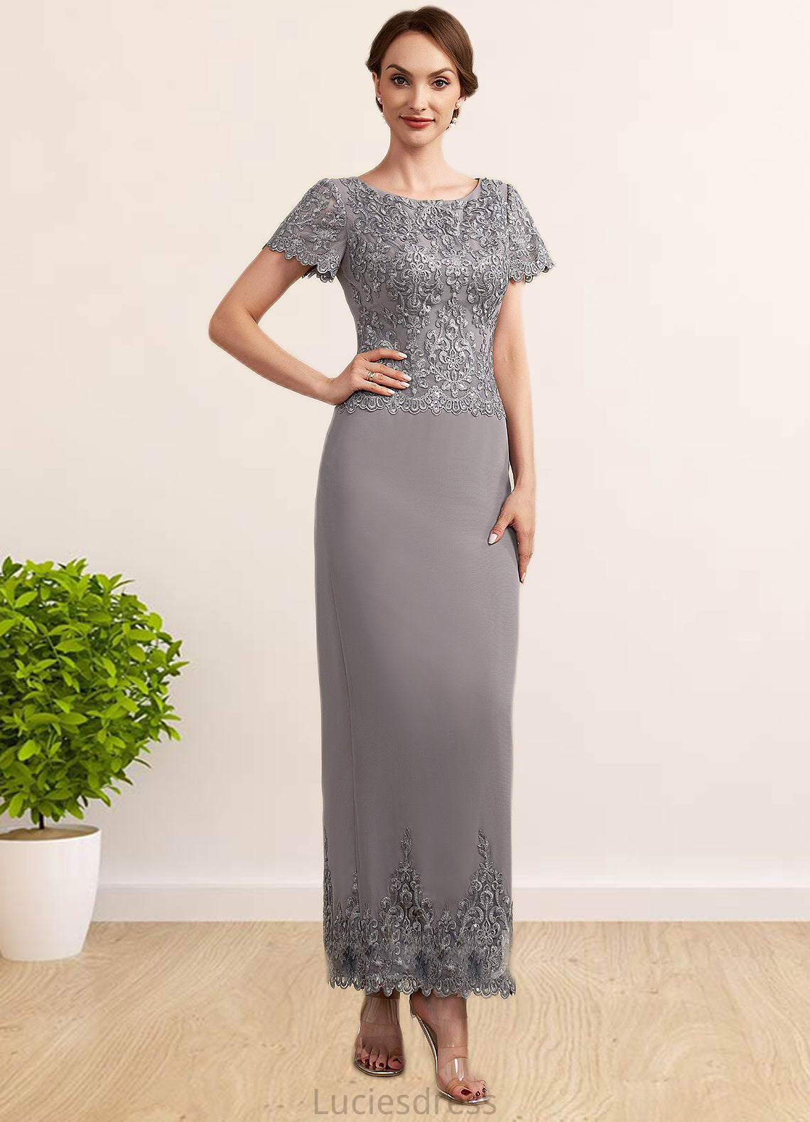 Frida Sheath/Column Scoop Neck Ankle-Length Chiffon Lace Mother of the Bride Dress With Sequins HF126P0014922