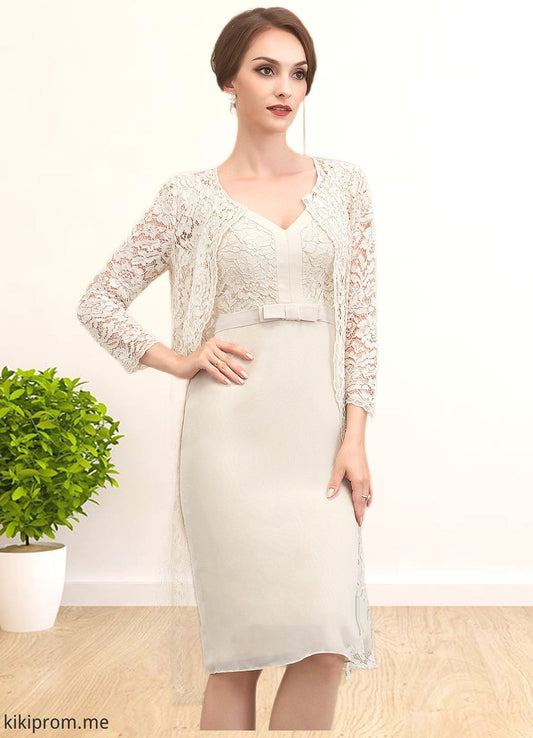 Yazmin Sheath/Column V-neck Knee-Length Chiffon Lace Mother of the Bride Dress With Bow(s) STF126P0014924