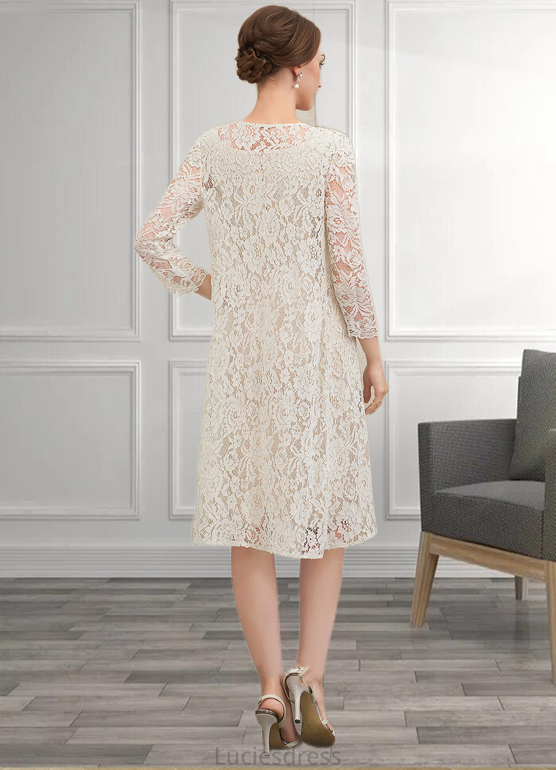 Nancy Sheath/Column V-neck Knee-Length Chiffon Lace Mother of the Bride Dress With Bow(s) HF126P0014924