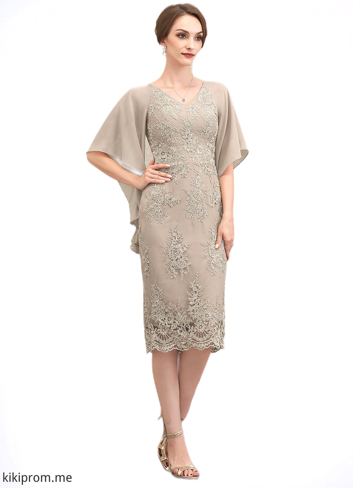 Jacqueline Sheath/Column V-neck Knee-Length Chiffon Lace Mother of the Bride Dress With Cascading Ruffles STF126P0014925