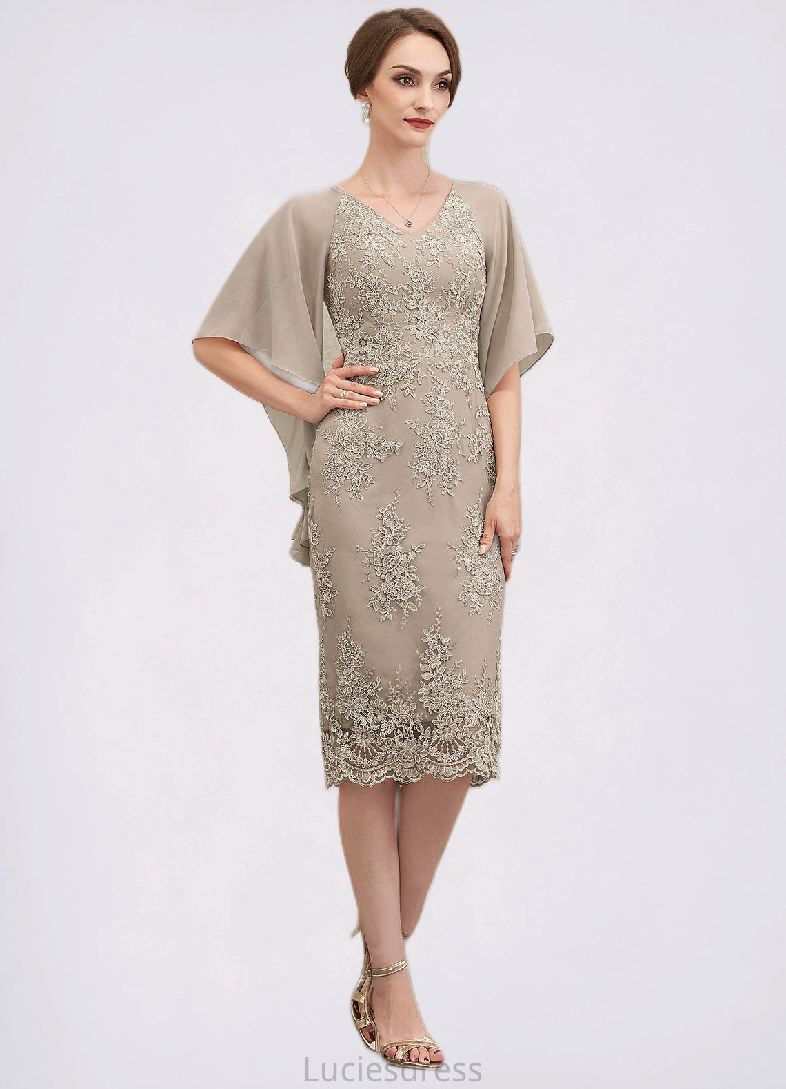 Elyse Sheath/Column V-neck Knee-Length Chiffon Lace Mother of the Bride Dress With Cascading Ruffles HF126P0014925