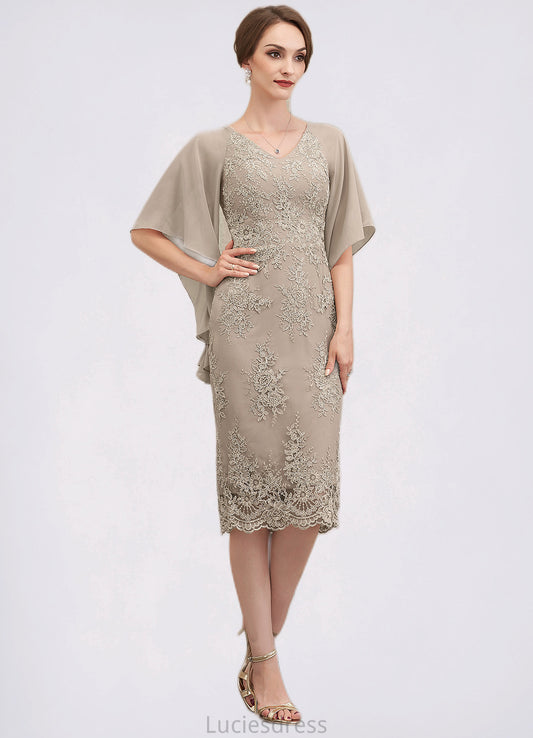 Elyse Sheath/Column V-neck Knee-Length Chiffon Lace Mother of the Bride Dress With Cascading Ruffles HF126P0014925