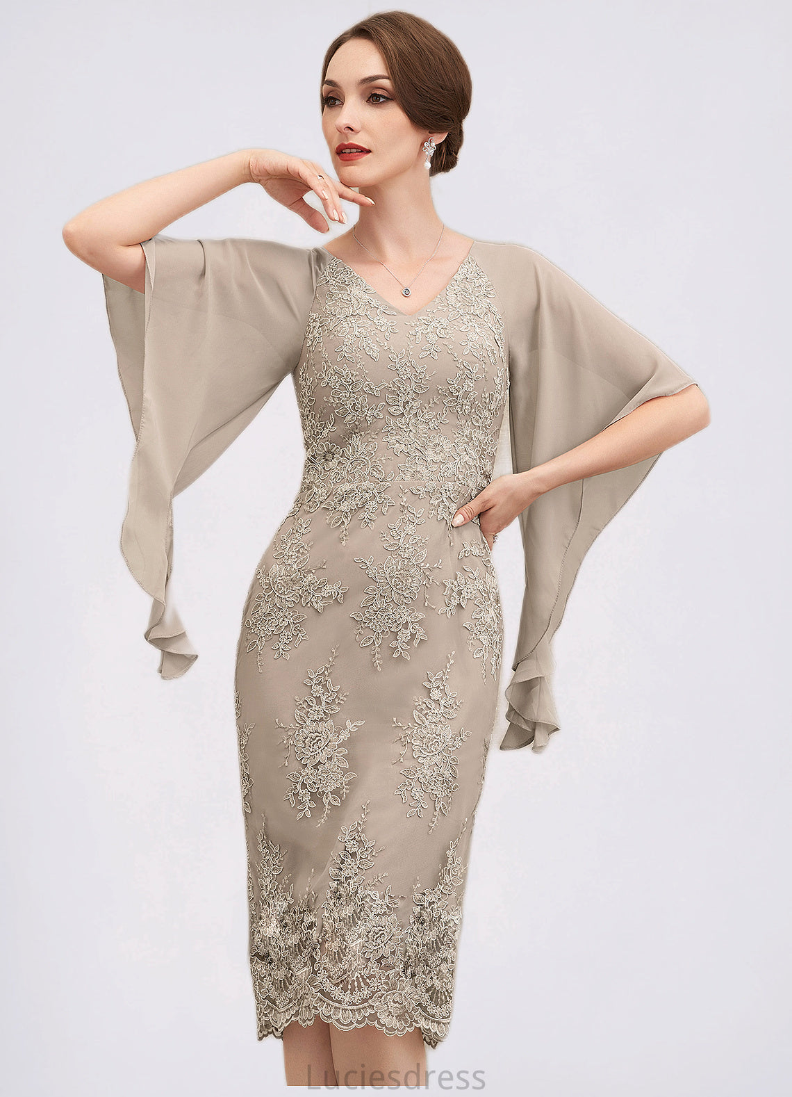 Elyse Sheath/Column V-neck Knee-Length Chiffon Lace Mother of the Bride Dress With Cascading Ruffles HF126P0014925