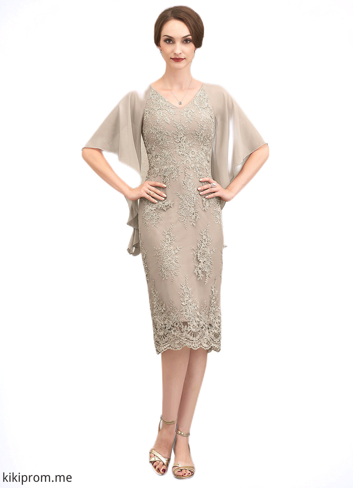 Jacqueline Sheath/Column V-neck Knee-Length Chiffon Lace Mother of the Bride Dress With Cascading Ruffles STF126P0014925