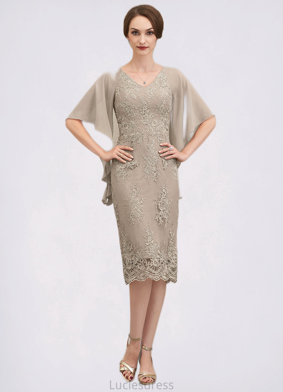 Elyse Sheath/Column V-neck Knee-Length Chiffon Lace Mother of the Bride Dress With Cascading Ruffles HF126P0014925