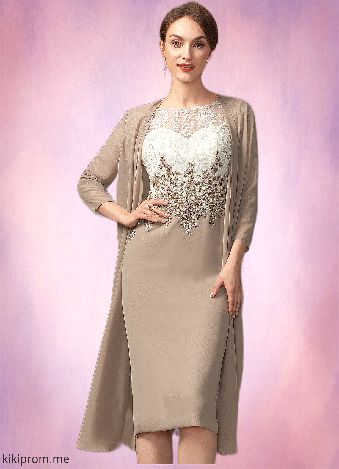 Lucy Sheath/Column Scoop Neck Knee-Length Chiffon Lace Mother of the Bride Dress STF126P0014927