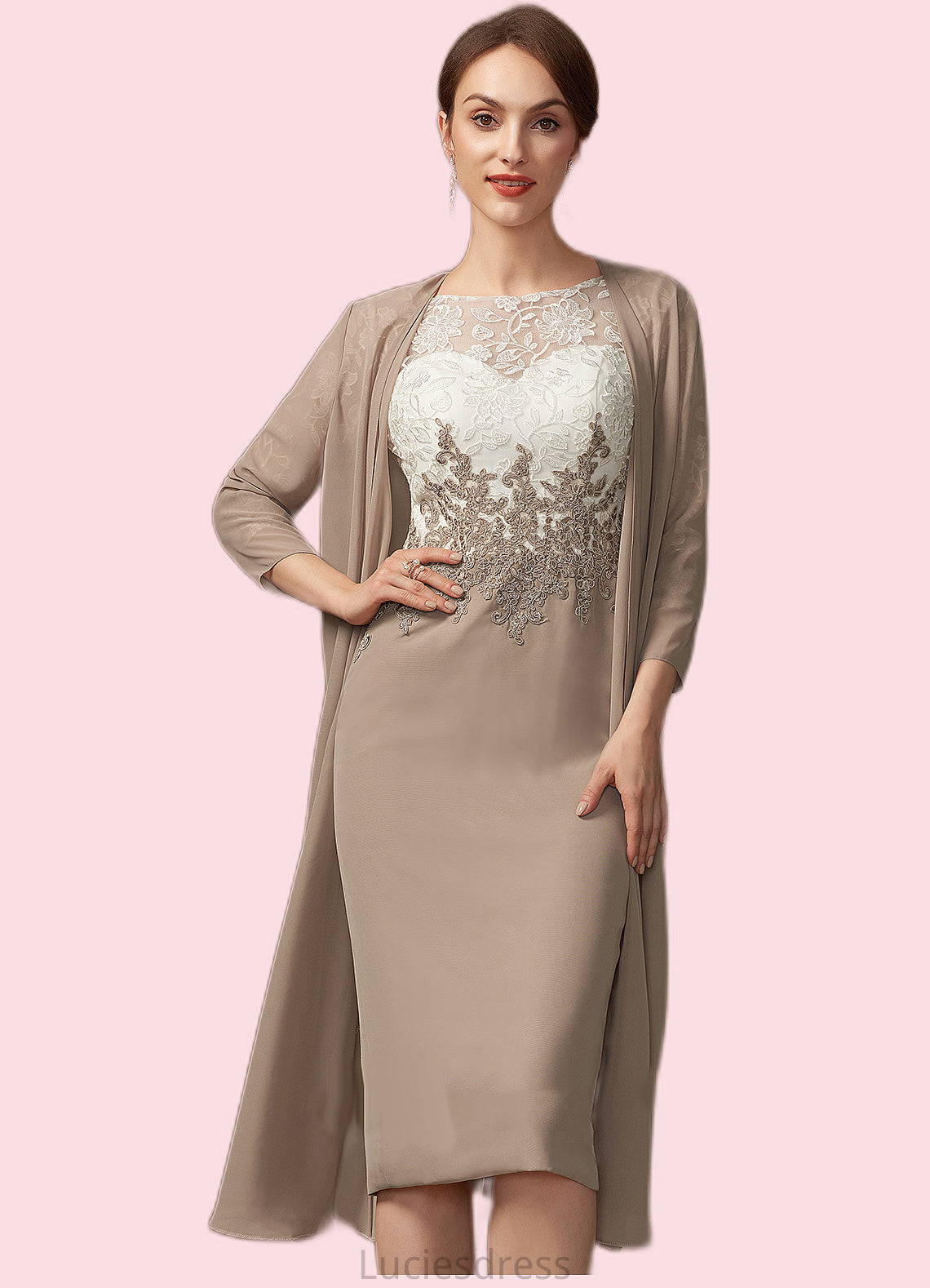 Hilary Sheath/Column Scoop Neck Knee-Length Chiffon Lace Mother of the Bride Dress HF126P0014927