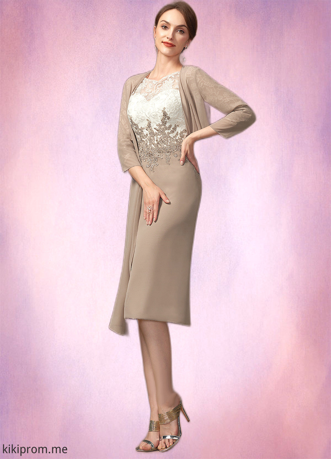 Lucy Sheath/Column Scoop Neck Knee-Length Chiffon Lace Mother of the Bride Dress STF126P0014927