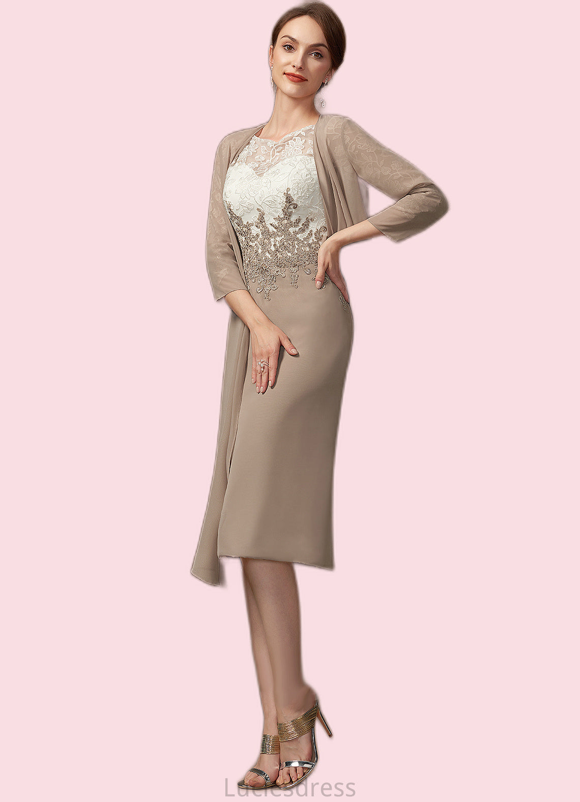 Hilary Sheath/Column Scoop Neck Knee-Length Chiffon Lace Mother of the Bride Dress HF126P0014927