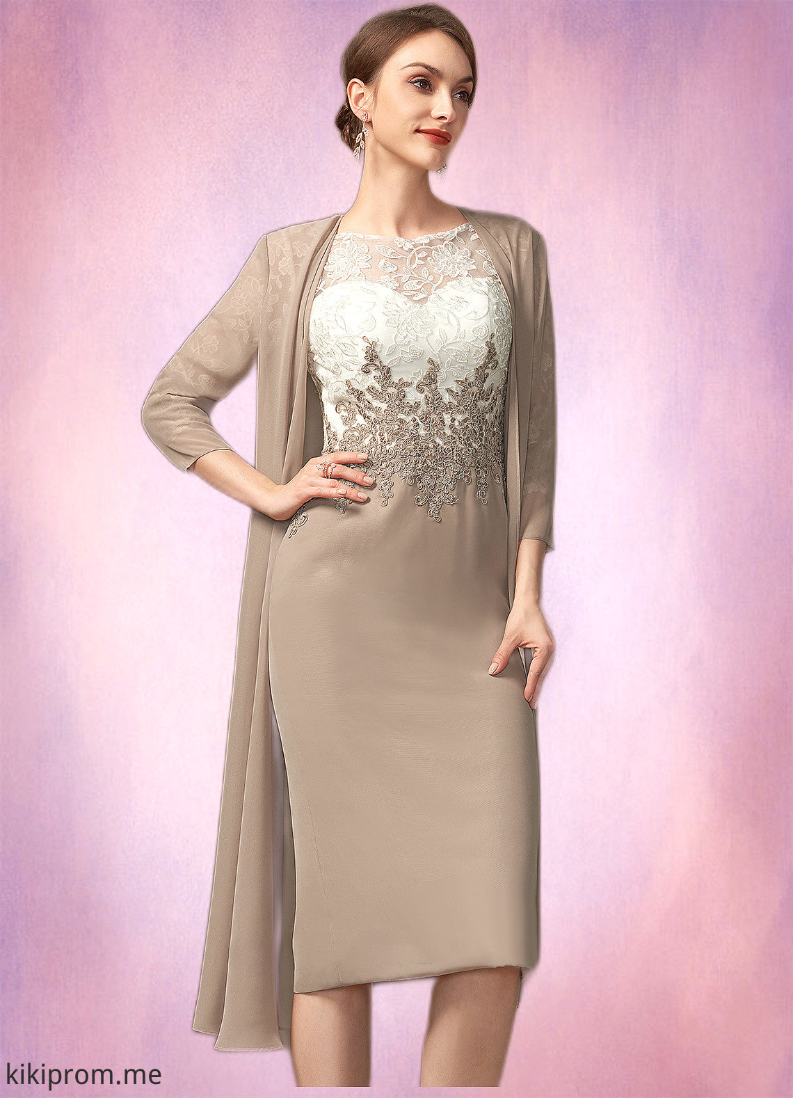 Lucy Sheath/Column Scoop Neck Knee-Length Chiffon Lace Mother of the Bride Dress STF126P0014927