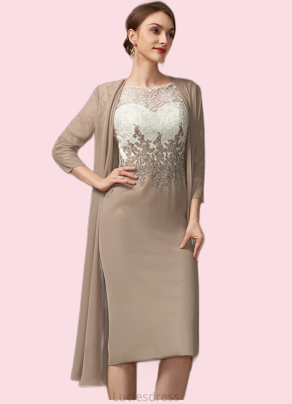 Hilary Sheath/Column Scoop Neck Knee-Length Chiffon Lace Mother of the Bride Dress HF126P0014927