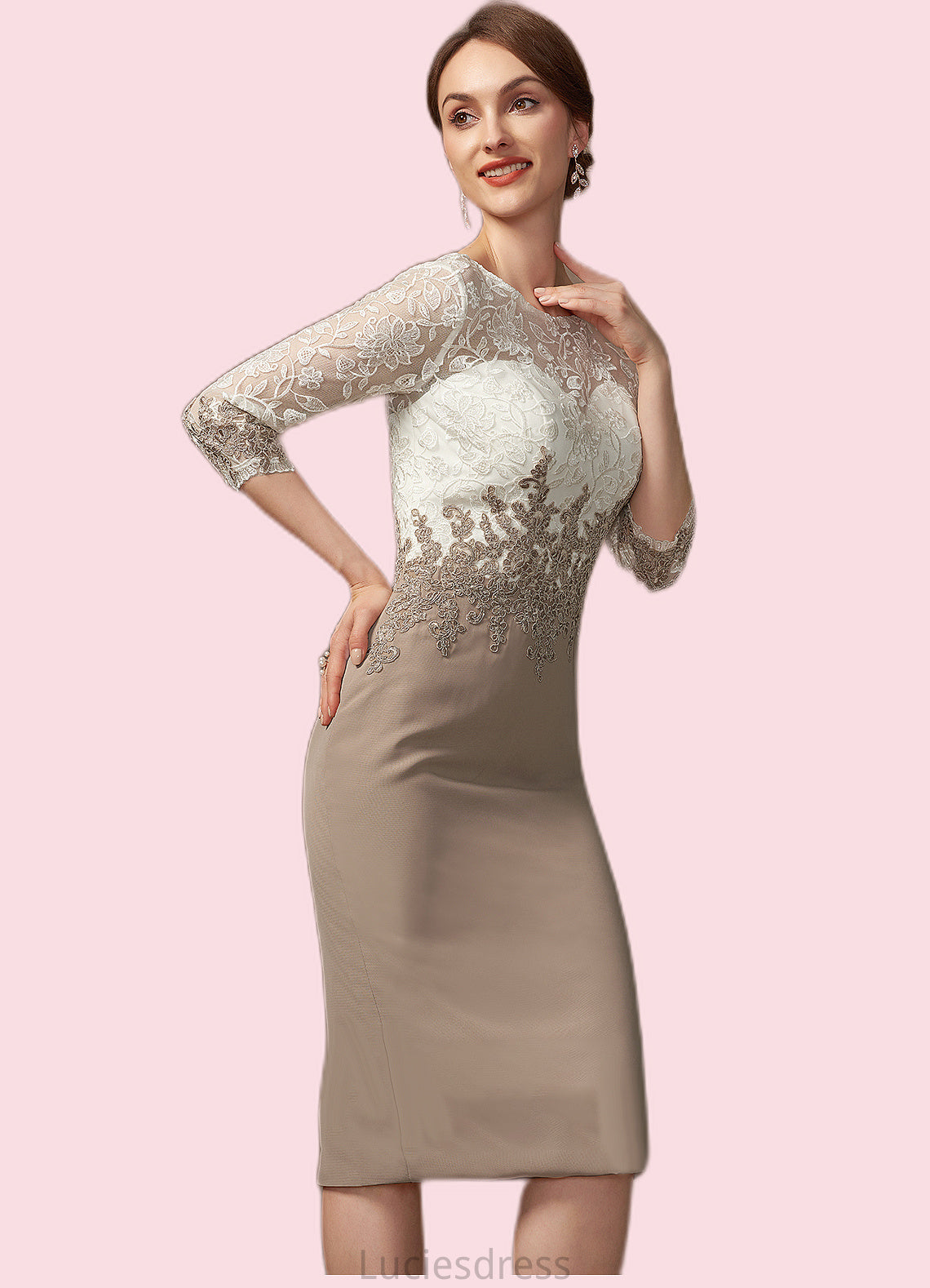 Hilary Sheath/Column Scoop Neck Knee-Length Chiffon Lace Mother of the Bride Dress HF126P0014927