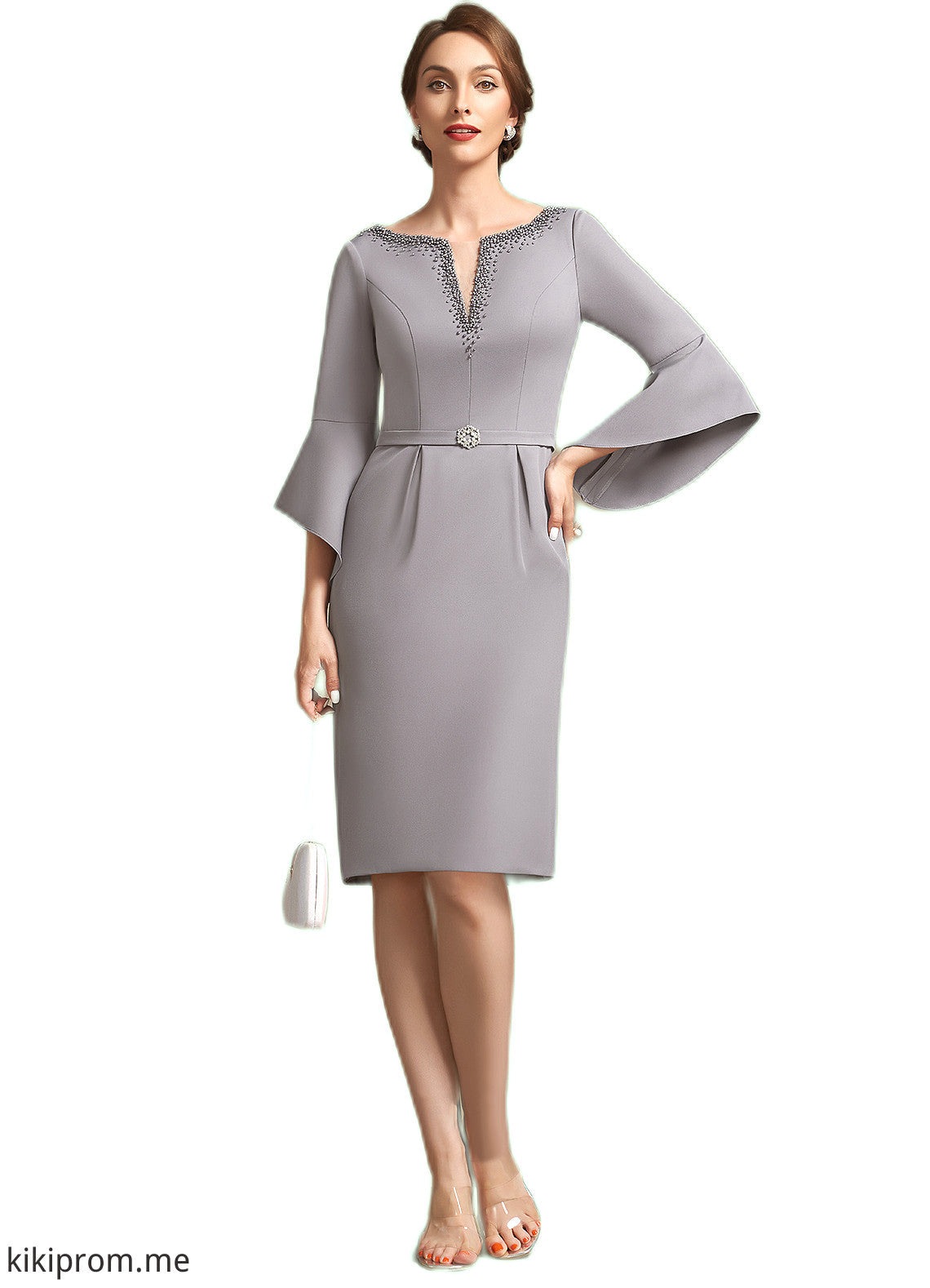 Leah Sheath/Column V-neck Knee-Length Stretch Crepe Mother of the Bride Dress With Beading STF126P0014928