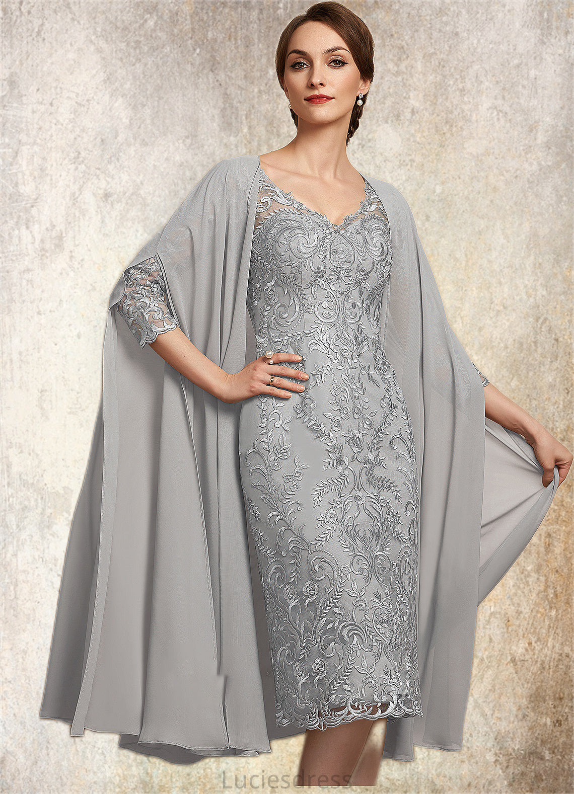 Zoe Sheath/Column V-neck Knee-Length Lace Mother of the Bride Dress HF126P0014931