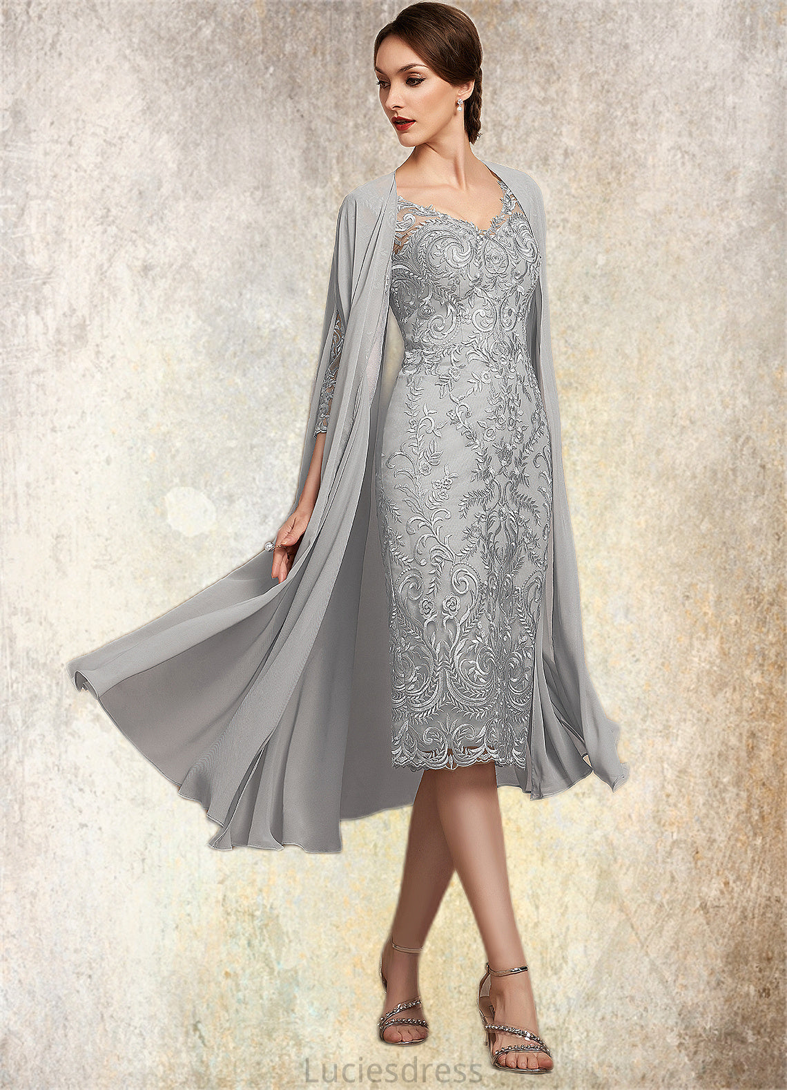 Zoe Sheath/Column V-neck Knee-Length Lace Mother of the Bride Dress HF126P0014931