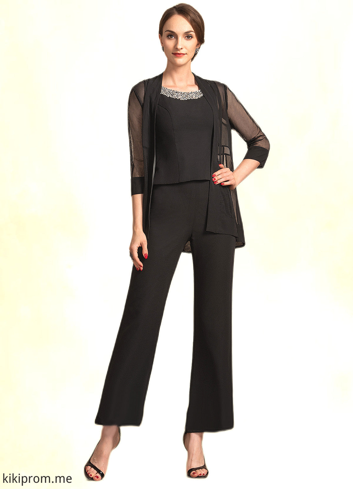 Ashly Jumpsuit/Pantsuit Scoop Neck Ankle-Length Chiffon Mother of the Bride Dress With Beading Sequins STF126P0014932