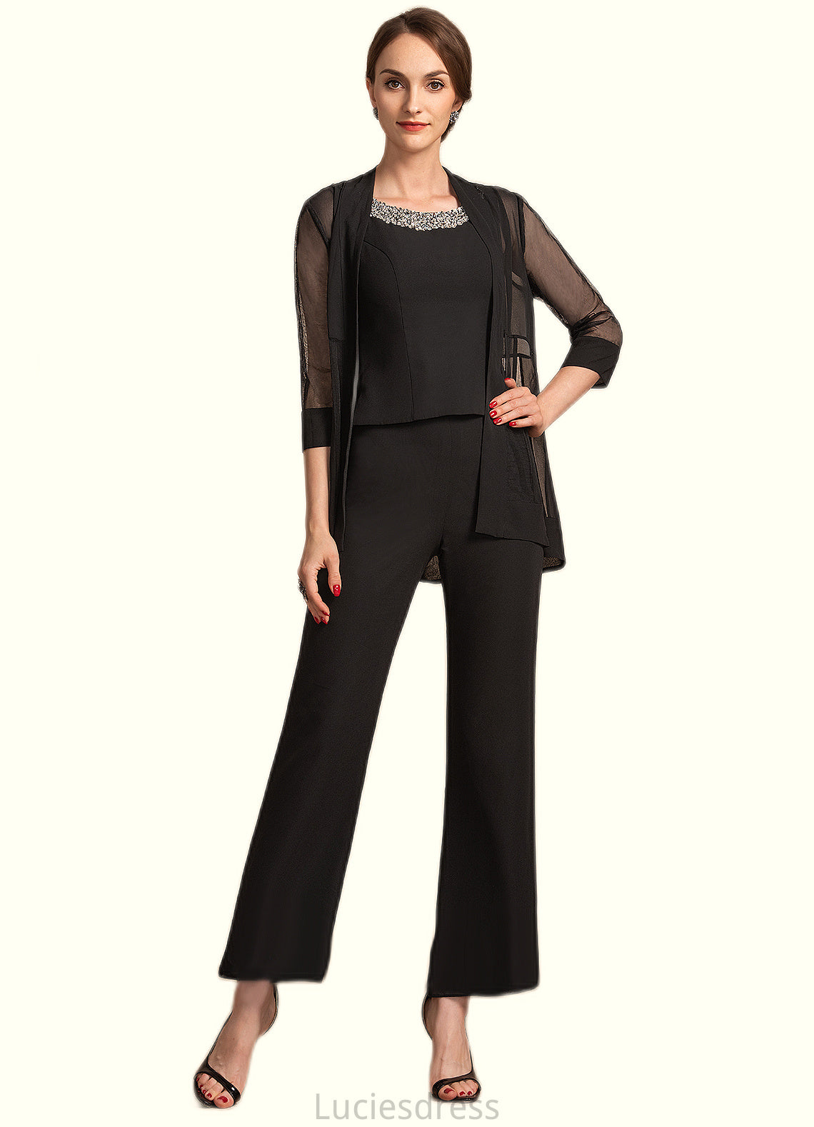 Jaelyn Jumpsuit/Pantsuit Scoop Neck Ankle-Length Chiffon Mother of the Bride Dress With Beading Sequins HF126P0014932