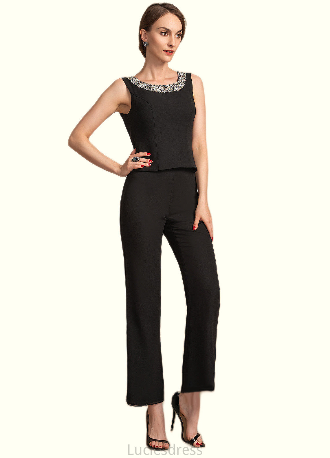 Jaelyn Jumpsuit/Pantsuit Scoop Neck Ankle-Length Chiffon Mother of the Bride Dress With Beading Sequins HF126P0014932