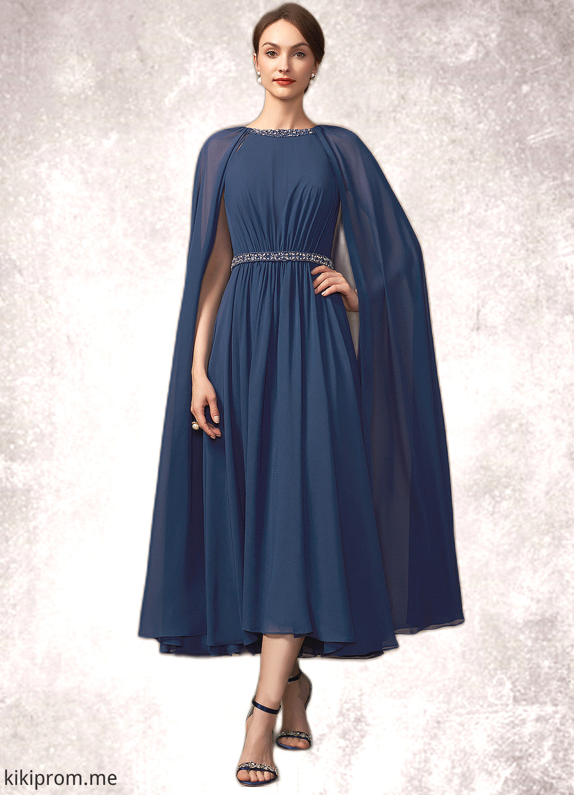 Charity A-Line Scoop Neck Tea-Length Chiffon Mother of the Bride Dress With Beading STF126P0014934