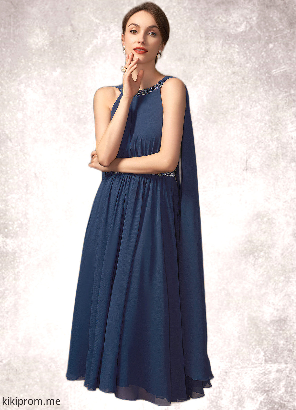 Charity A-Line Scoop Neck Tea-Length Chiffon Mother of the Bride Dress With Beading STF126P0014934