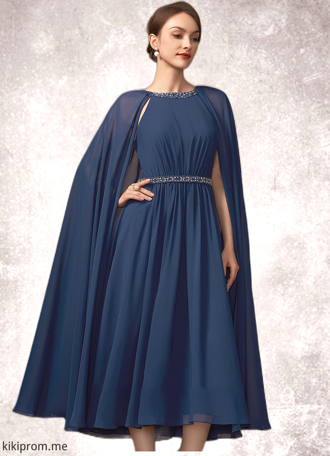 Charity A-Line Scoop Neck Tea-Length Chiffon Mother of the Bride Dress With Beading STF126P0014934