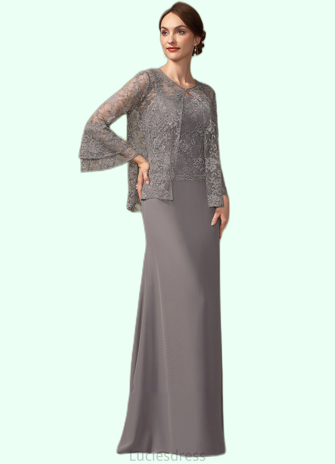 Esmeralda Sheath/Column Square Neckline Floor-Length Chiffon Lace Mother of the Bride Dress HF126P0014936