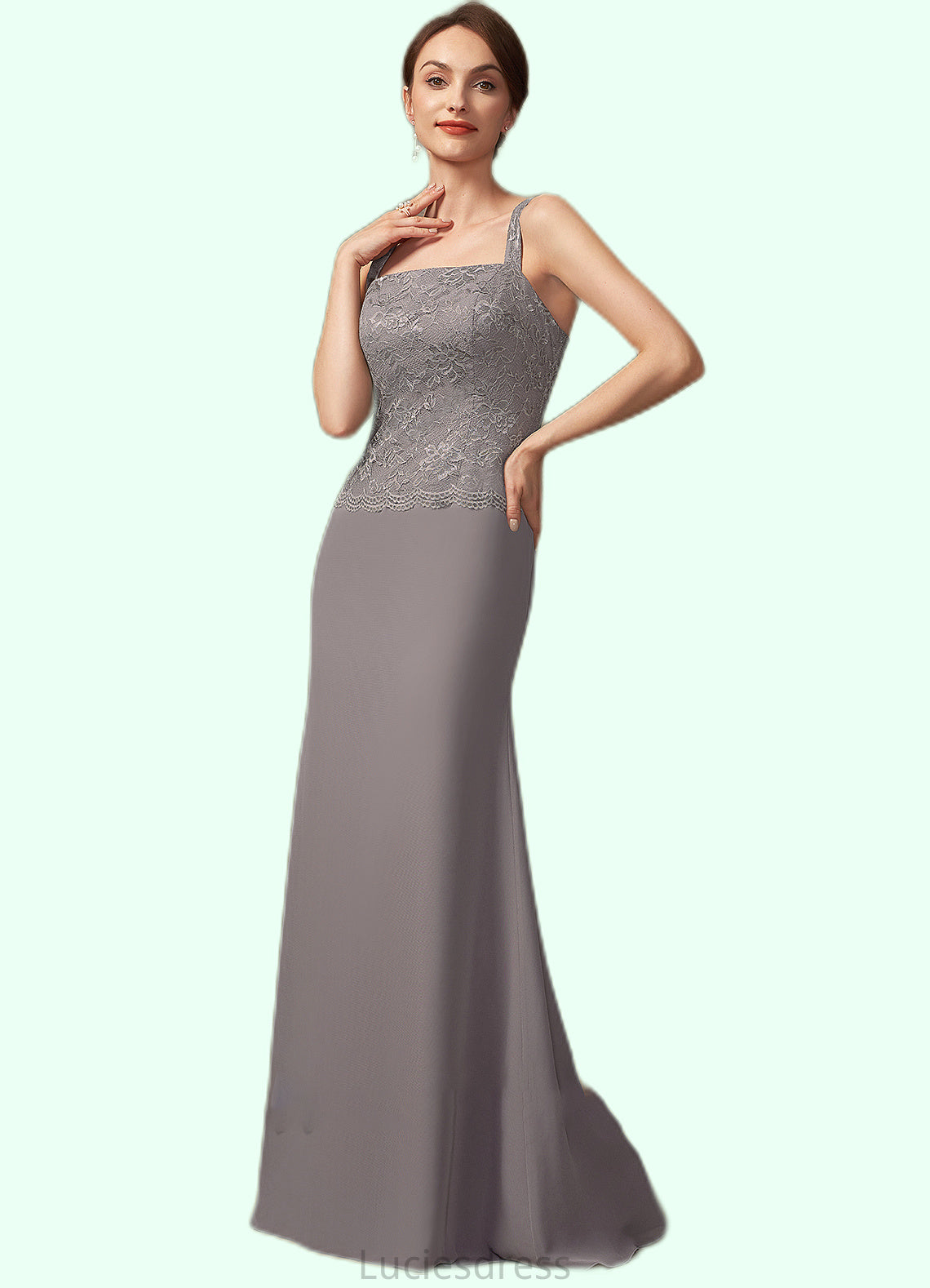 Esmeralda Sheath/Column Square Neckline Floor-Length Chiffon Lace Mother of the Bride Dress HF126P0014936