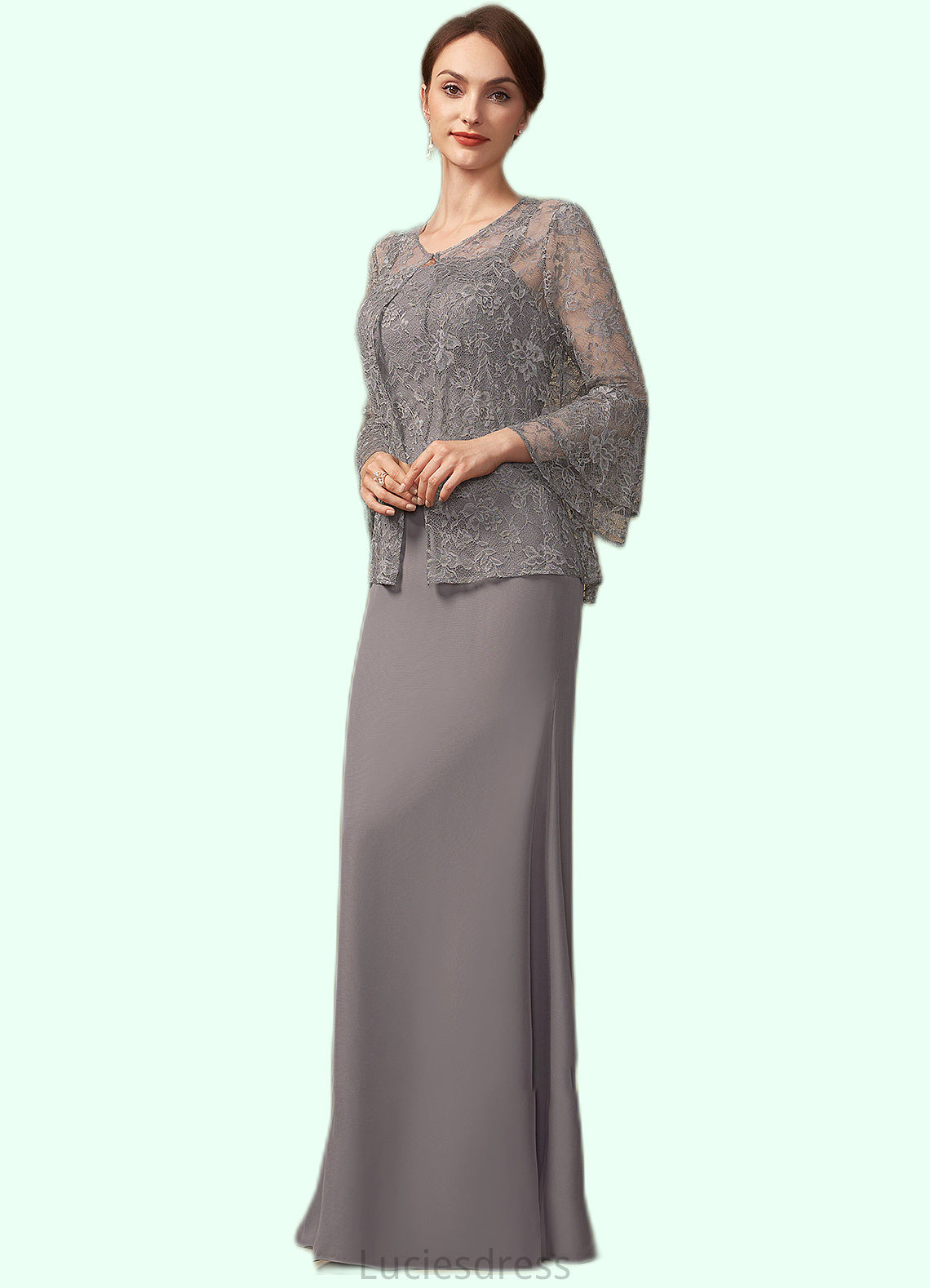 Esmeralda Sheath/Column Square Neckline Floor-Length Chiffon Lace Mother of the Bride Dress HF126P0014936