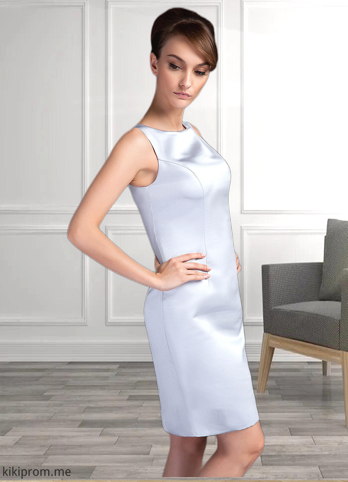 Irene Sheath/Column Scoop Neck Knee-Length Satin Mother of the Bride Dress STF126P0014937