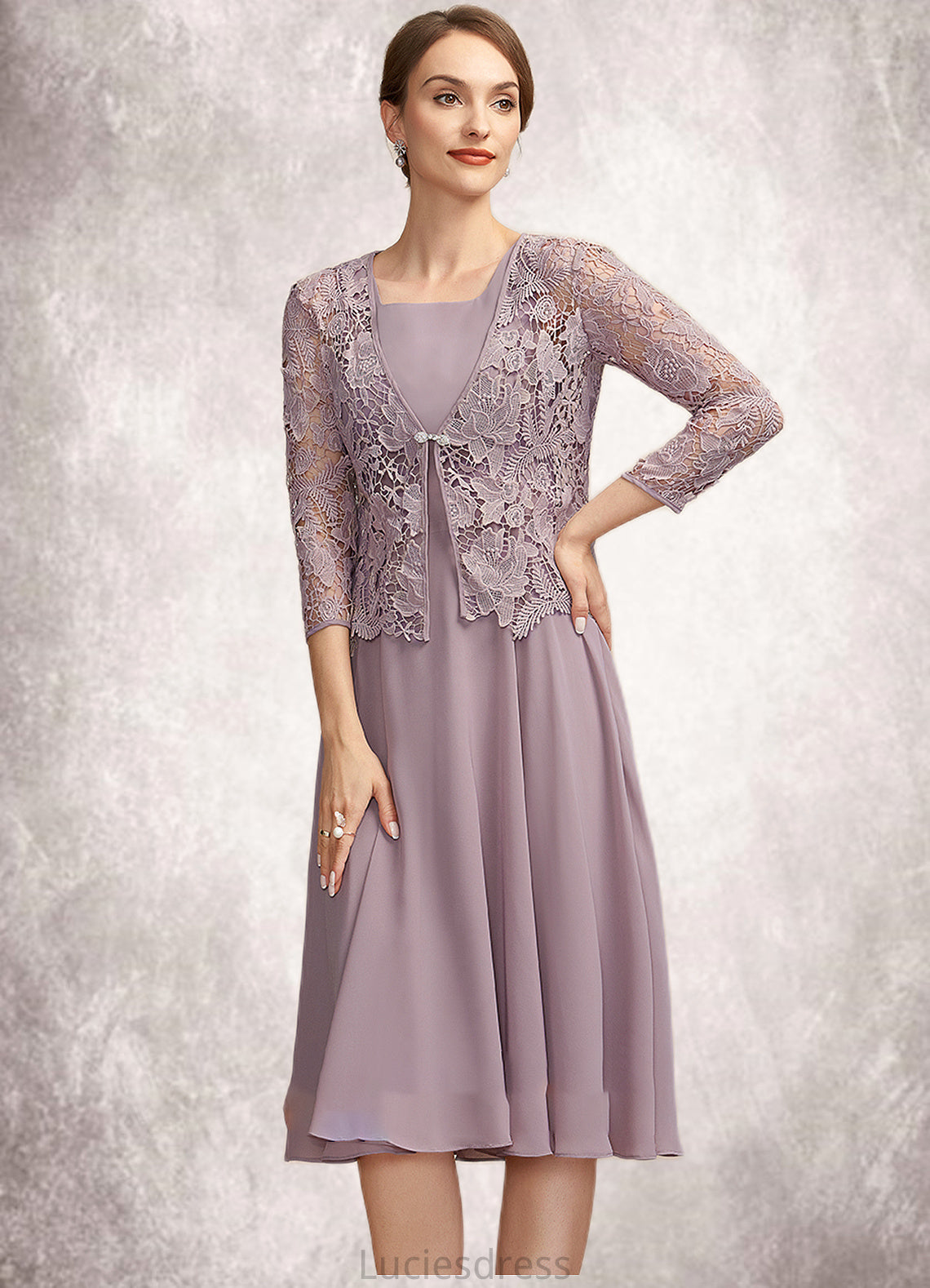 Lydia A-Line Square Neckline Knee-Length Chiffon Mother of the Bride Dress HF126P0014940