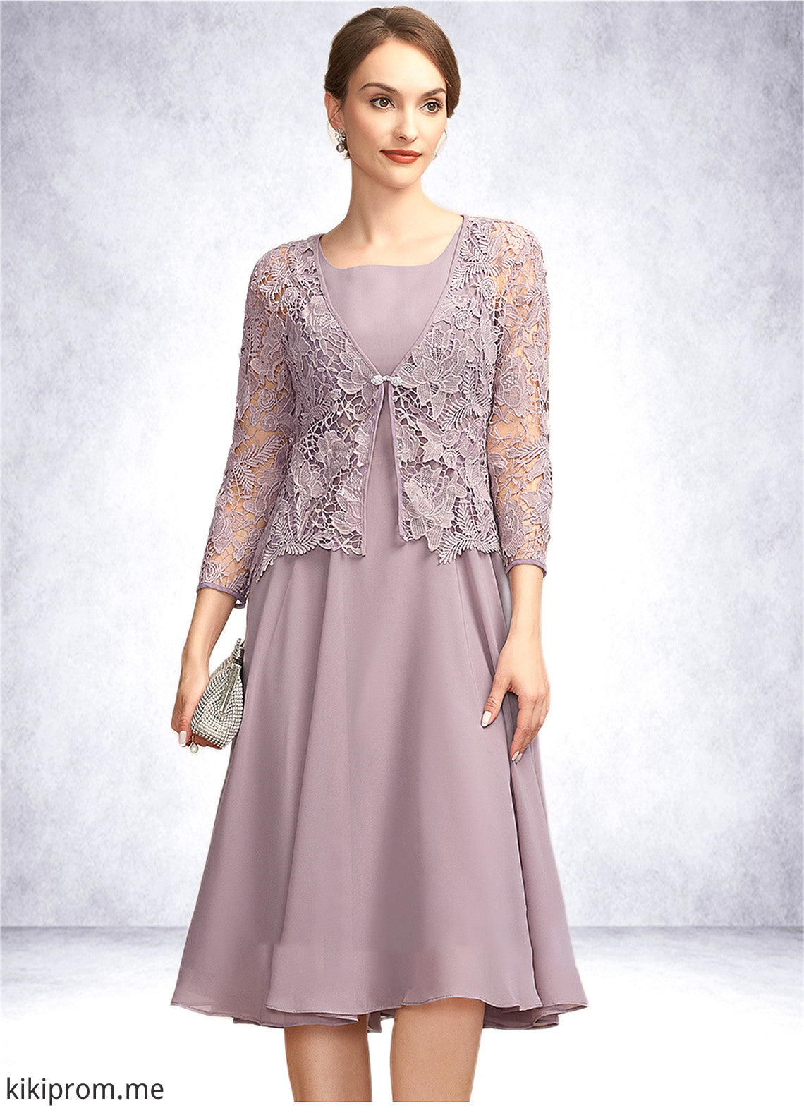 Amiah A-Line Square Neckline Knee-Length Chiffon Mother of the Bride Dress STF126P0014940