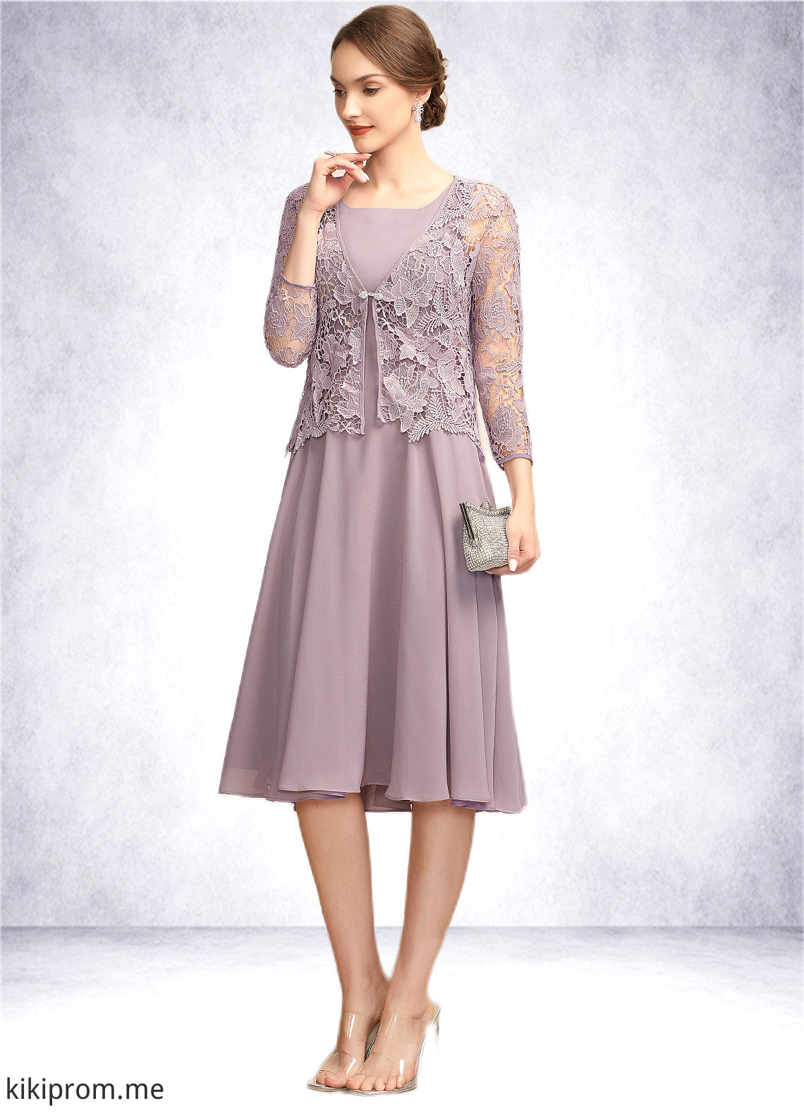 Amiah A-Line Square Neckline Knee-Length Chiffon Mother of the Bride Dress STF126P0014940