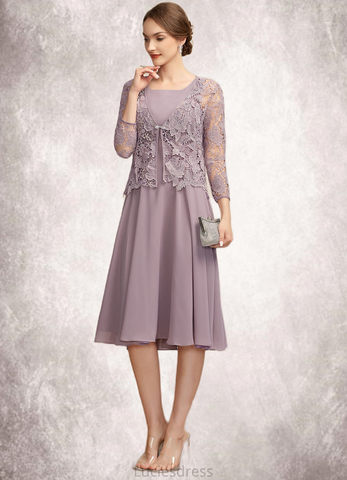 Lydia A-Line Square Neckline Knee-Length Chiffon Mother of the Bride Dress HF126P0014940