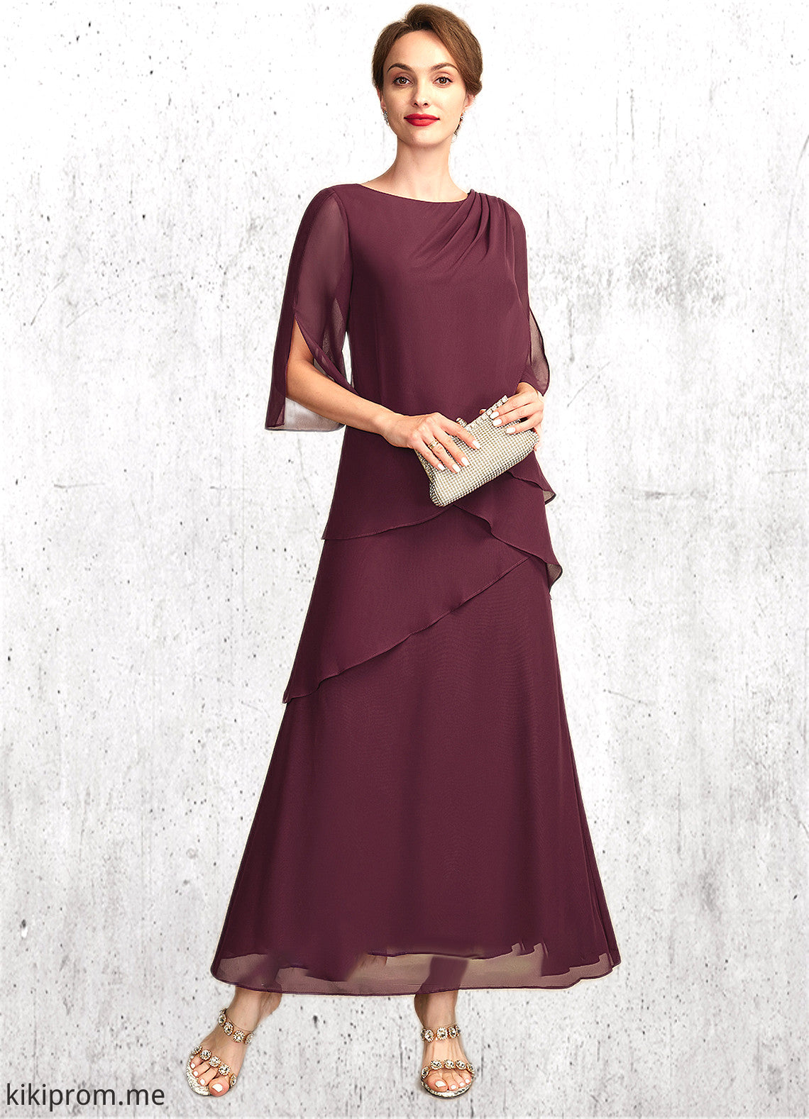 Kayden A-Line Scoop Neck Ankle-Length Chiffon Mother of the Bride Dress With Cascading Ruffles STF126P0014941