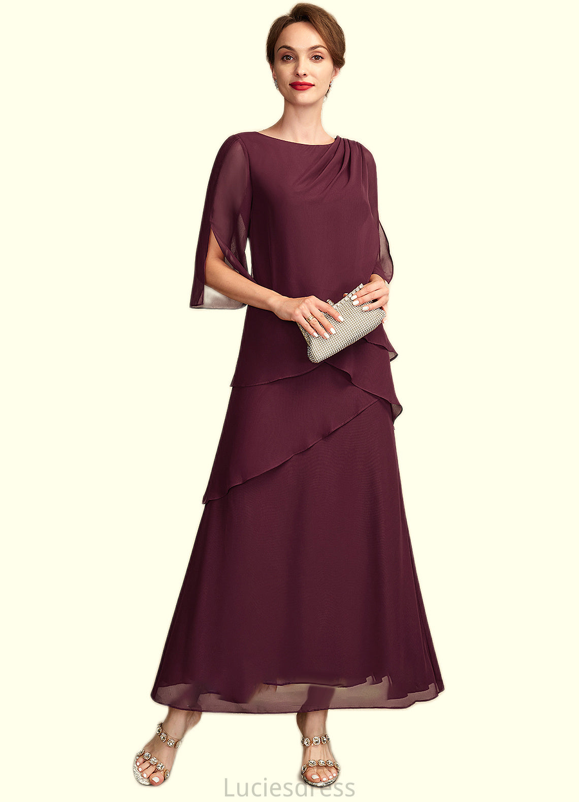 Adrienne A-Line Scoop Neck Ankle-Length Chiffon Mother of the Bride Dress With Cascading Ruffles HF126P0014941