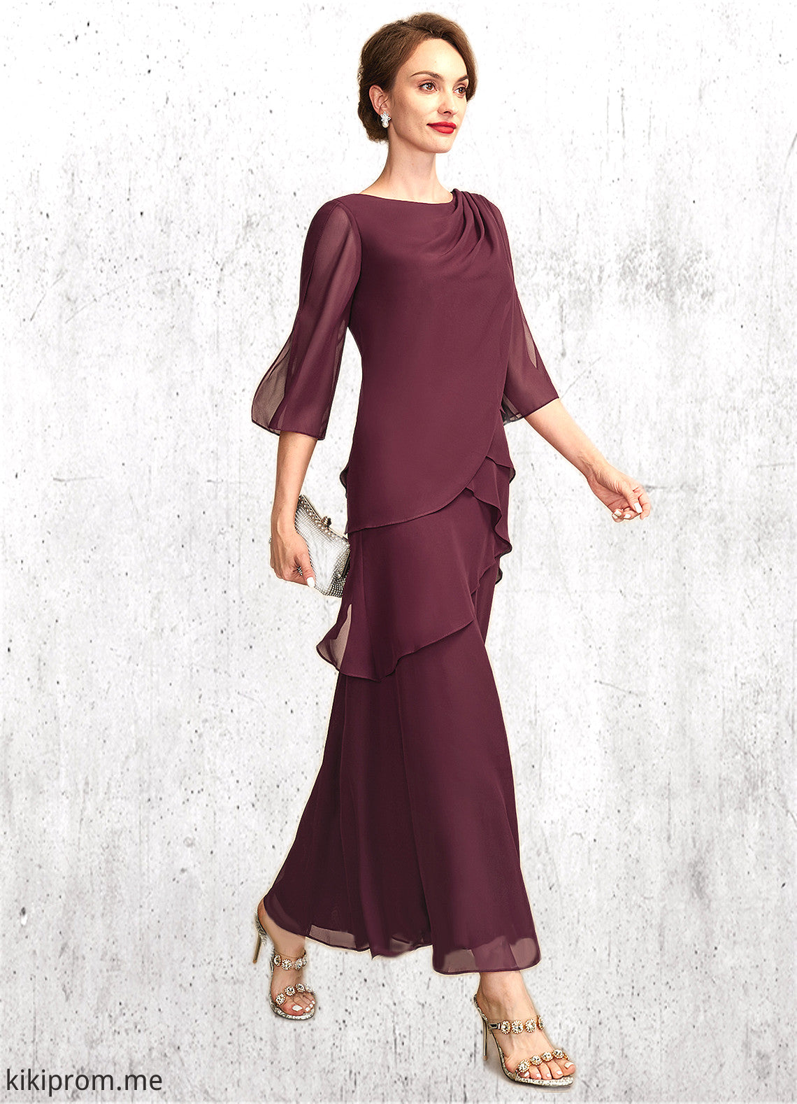 Kayden A-Line Scoop Neck Ankle-Length Chiffon Mother of the Bride Dress With Cascading Ruffles STF126P0014941