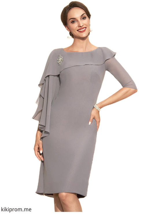 Mckayla Sheath/Column Scoop Neck Knee-Length Chiffon Mother of the Bride Dress With Crystal Brooch Cascading Ruffles STF126P0014943