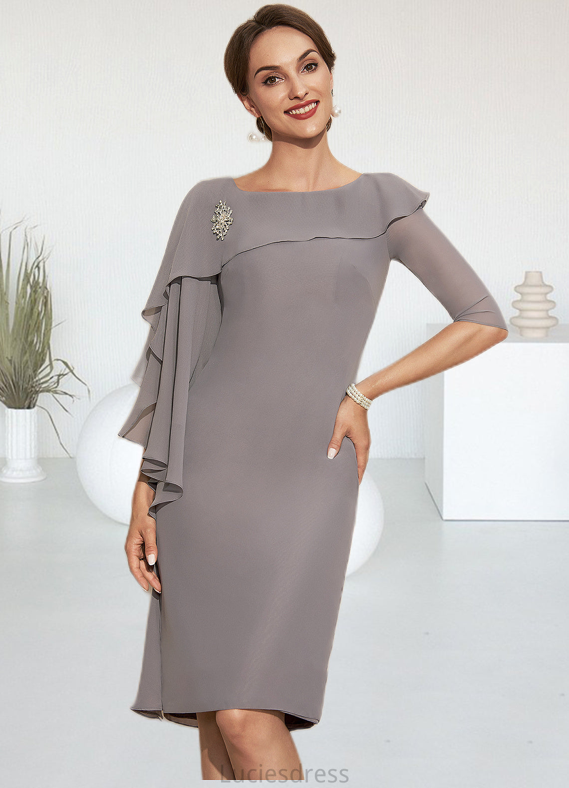 Chanel Sheath/Column Scoop Neck Knee-Length Chiffon Mother of the Bride Dress With Crystal Brooch Cascading Ruffles HF126P0014943