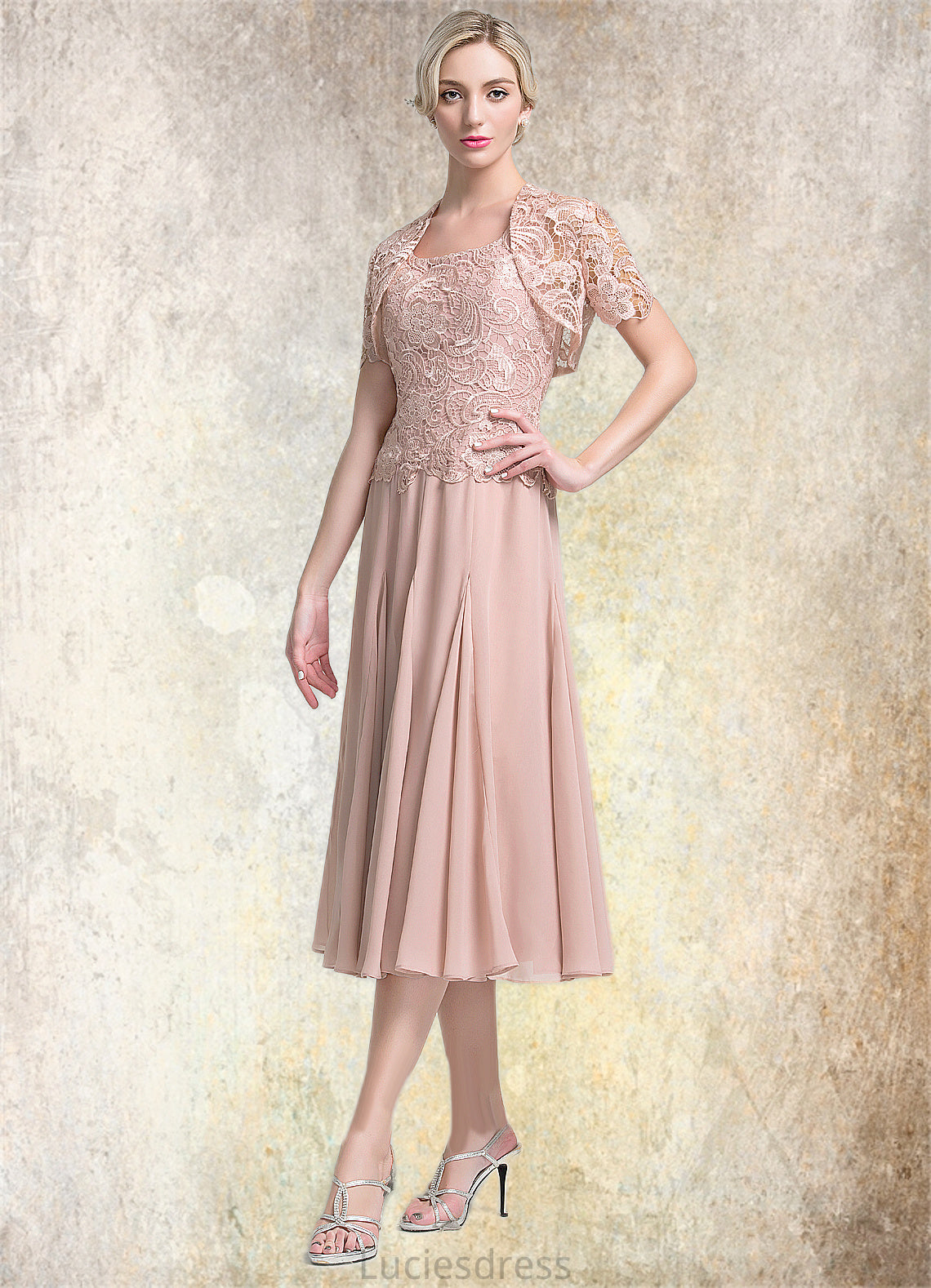 Donna A-Line Square Neckline Tea-Length Chiffon Mother of the Bride Dress HF126P0014947