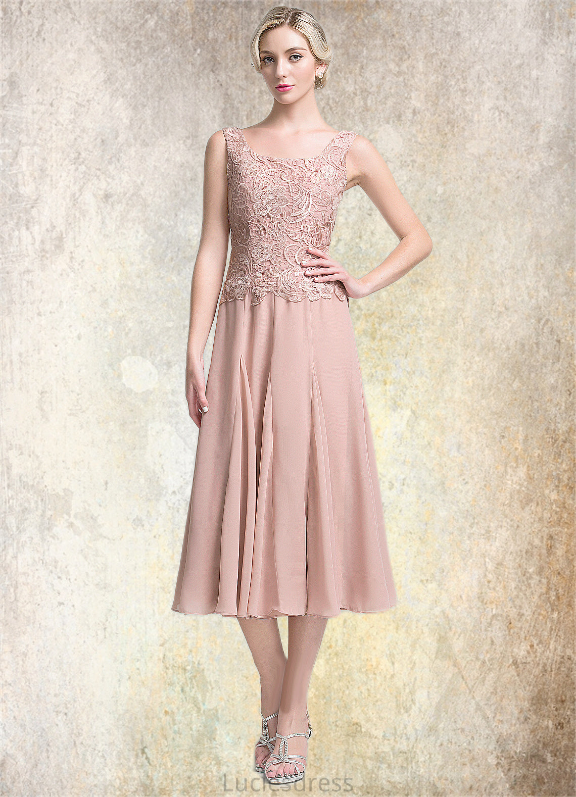 Donna A-Line Square Neckline Tea-Length Chiffon Mother of the Bride Dress HF126P0014947