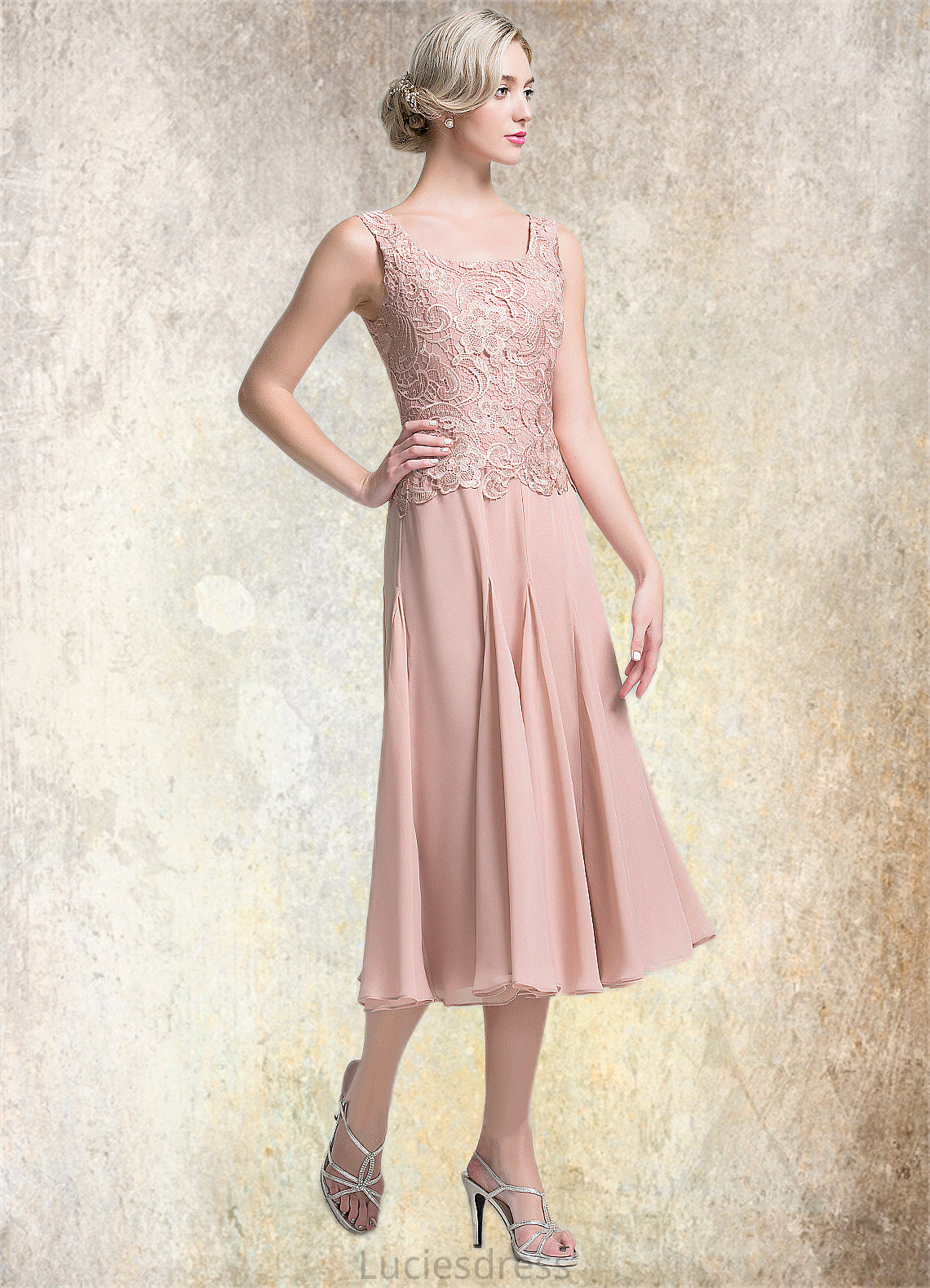 Donna A-Line Square Neckline Tea-Length Chiffon Mother of the Bride Dress HF126P0014947