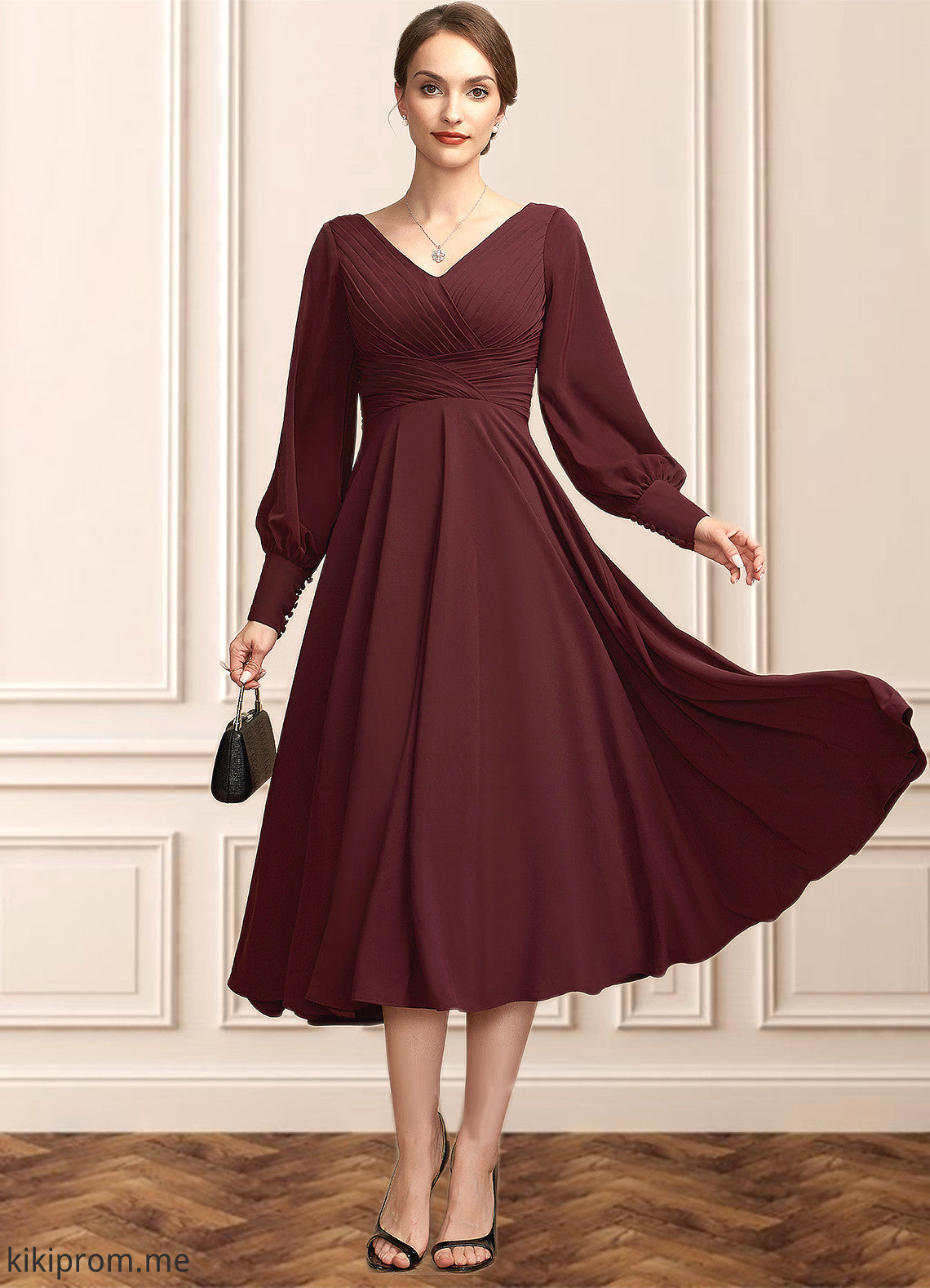 Ariana A-Line V-neck Tea-Length Mother of the Bride Dress With Ruffle STF126P0014948