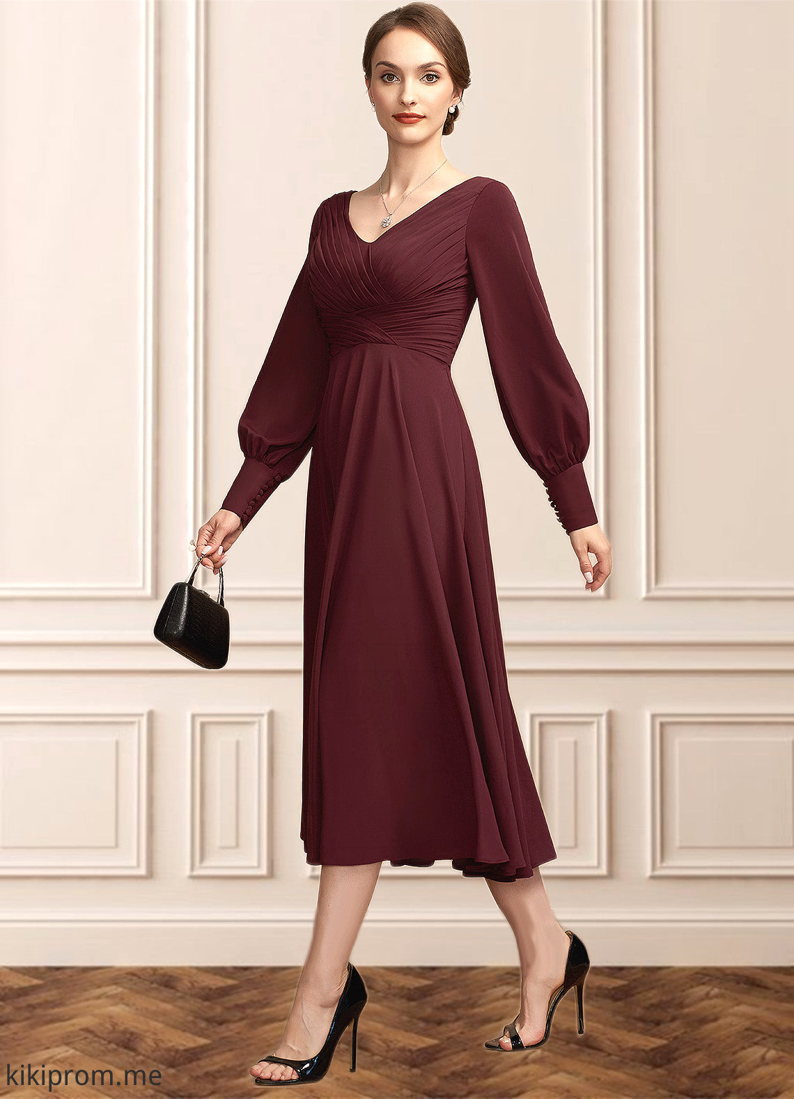 Ariana A-Line V-neck Tea-Length Mother of the Bride Dress With Ruffle STF126P0014948