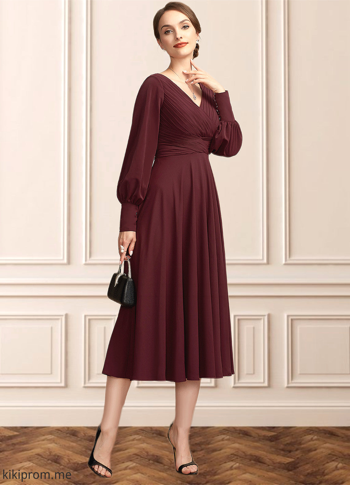 Ariana A-Line V-neck Tea-Length Mother of the Bride Dress With Ruffle STF126P0014948