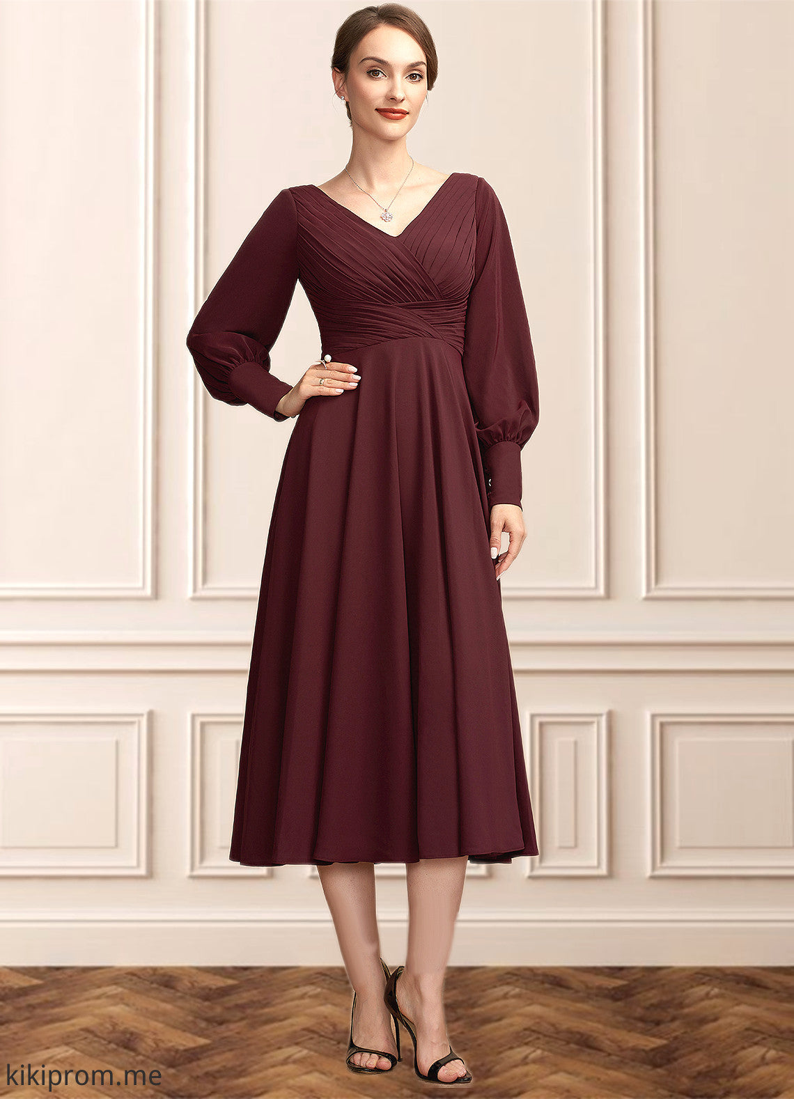 Ariana A-Line V-neck Tea-Length Mother of the Bride Dress With Ruffle STF126P0014948