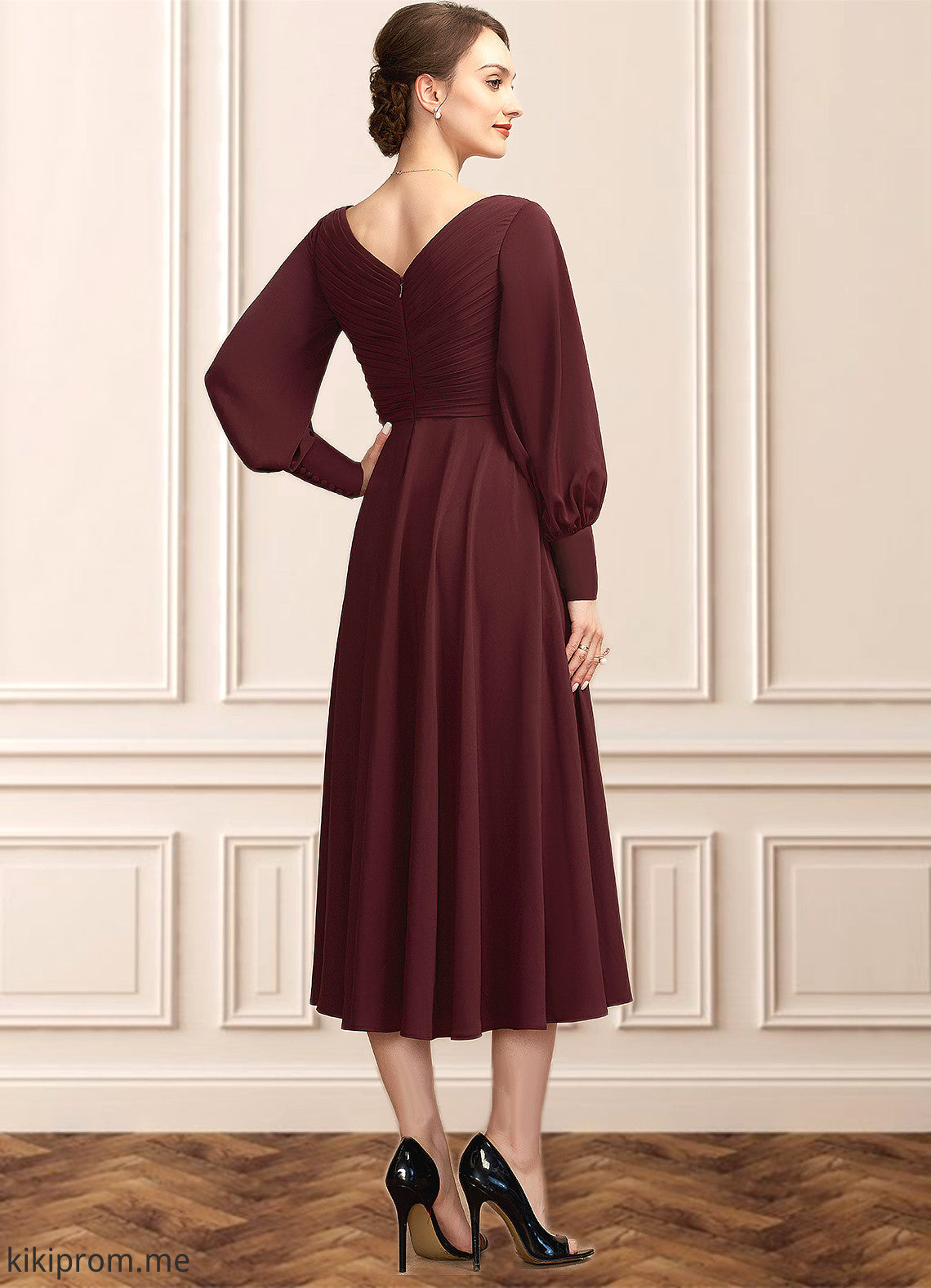 Ariana A-Line V-neck Tea-Length Mother of the Bride Dress With Ruffle STF126P0014948