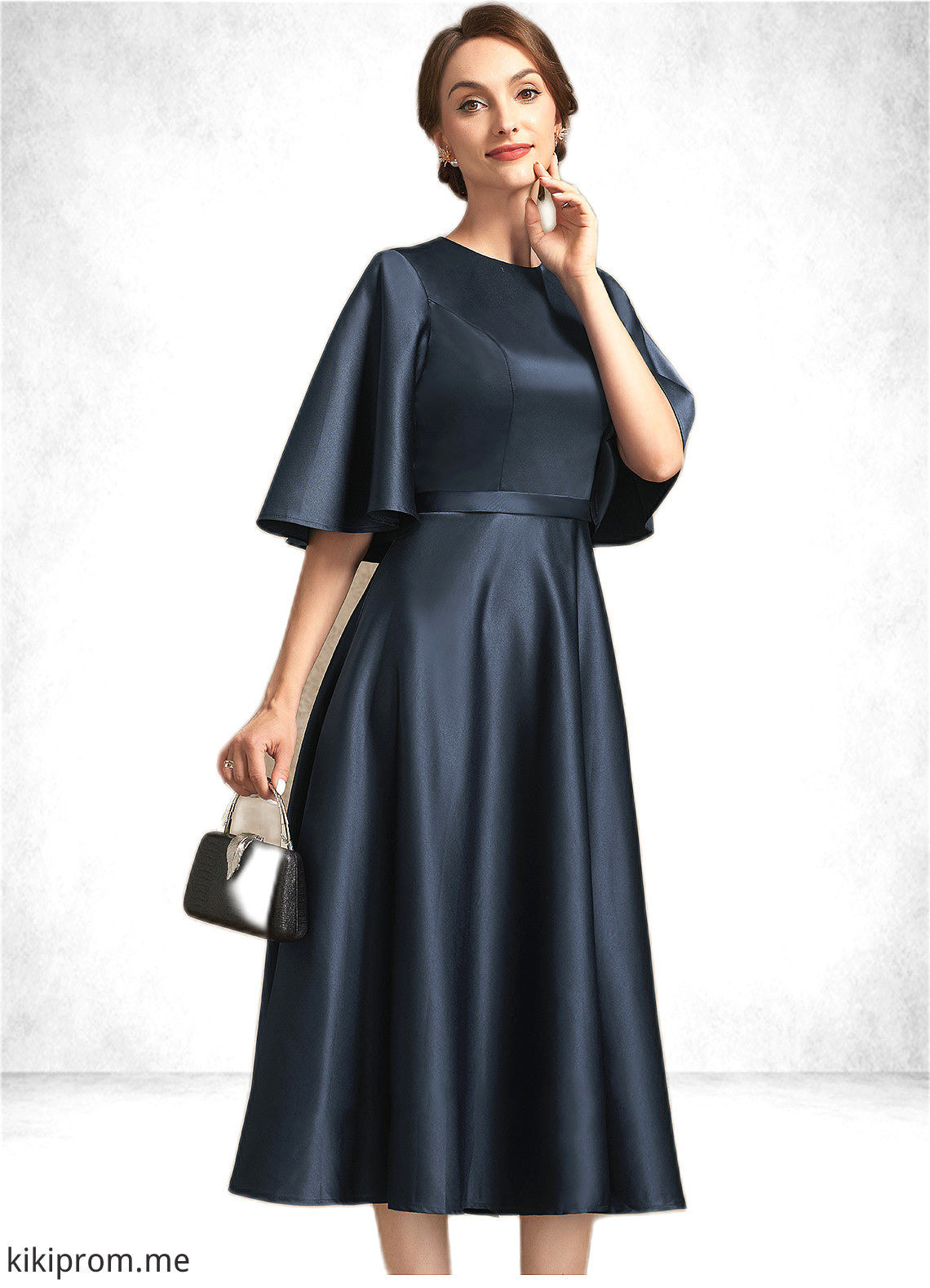 Sydnee A-Line Scoop Neck Tea-Length Satin Mother of the Bride Dress STF126P0014949