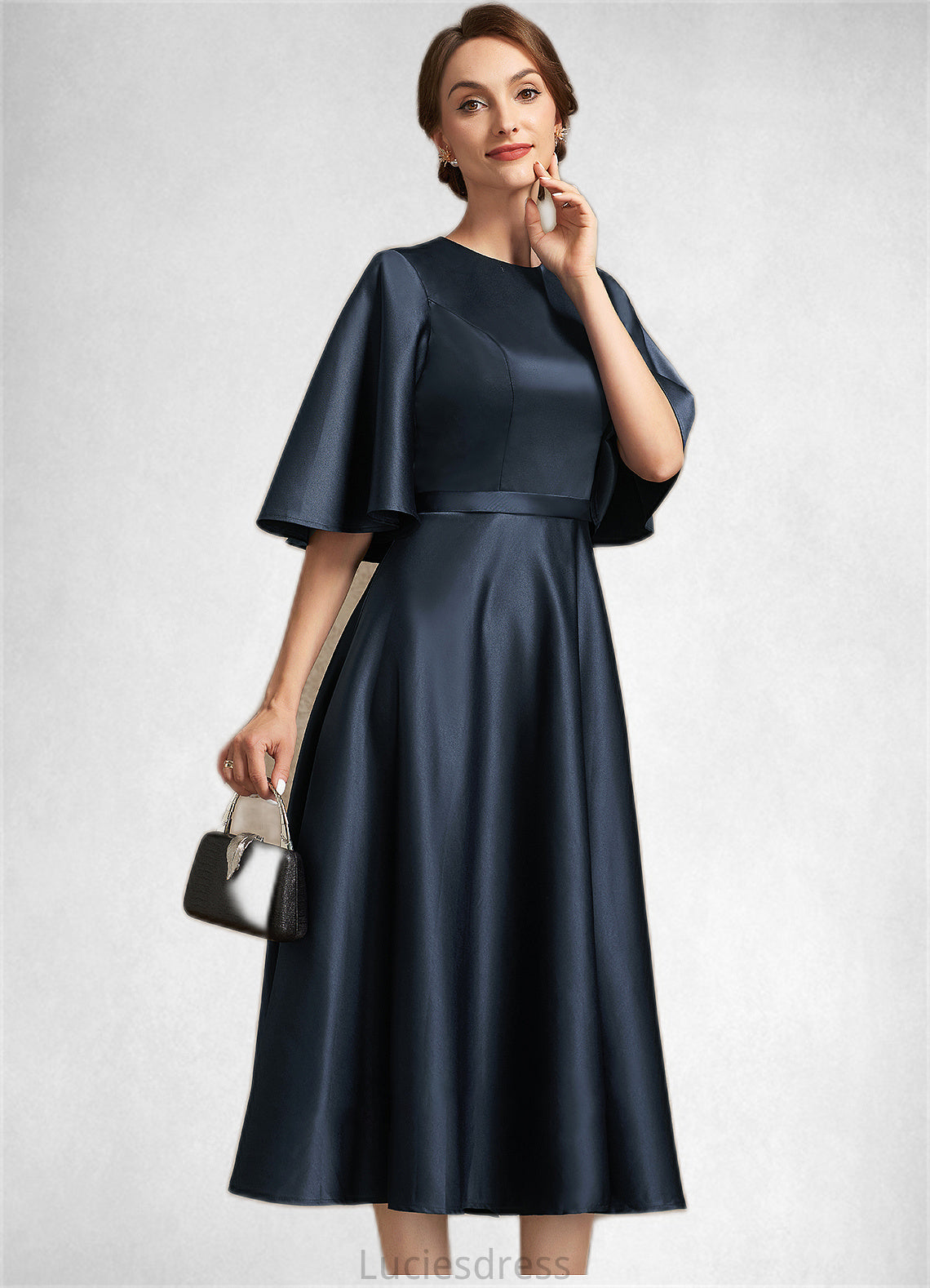 Marianna A-Line Scoop Neck Tea-Length Satin Mother of the Bride Dress HF126P0014949