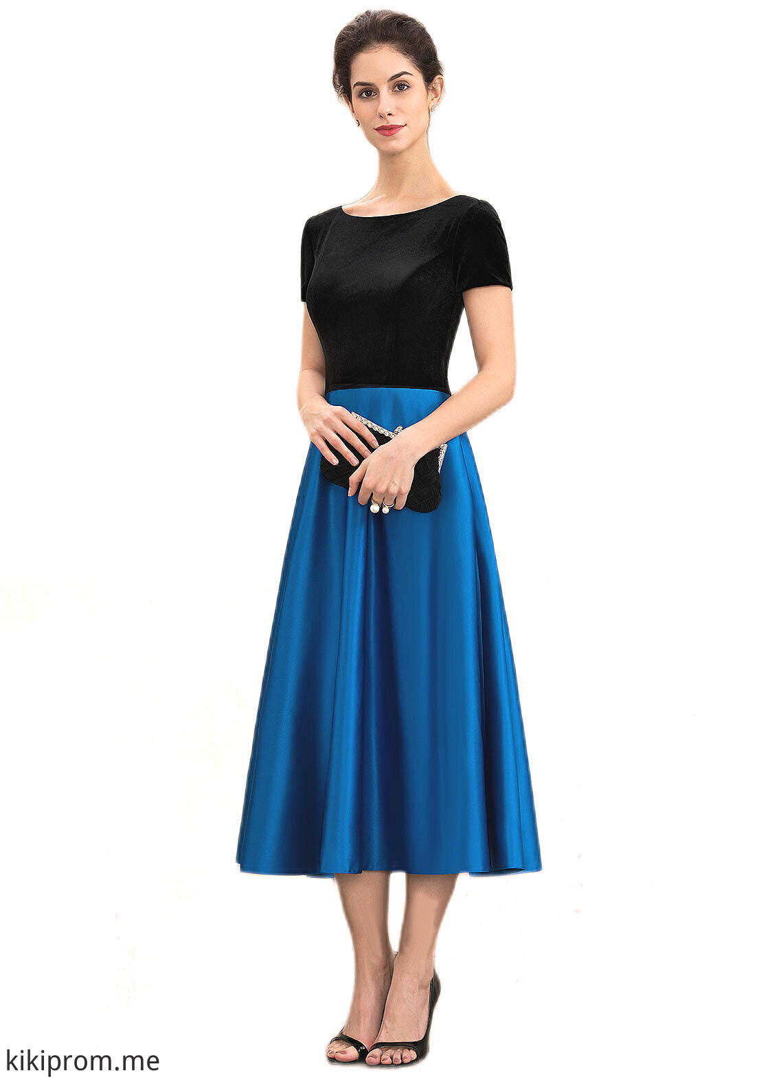 Krystal A-Line Scoop Neck Tea-Length Satin Velvet Mother of the Bride Dress With Pockets STF126P0014950