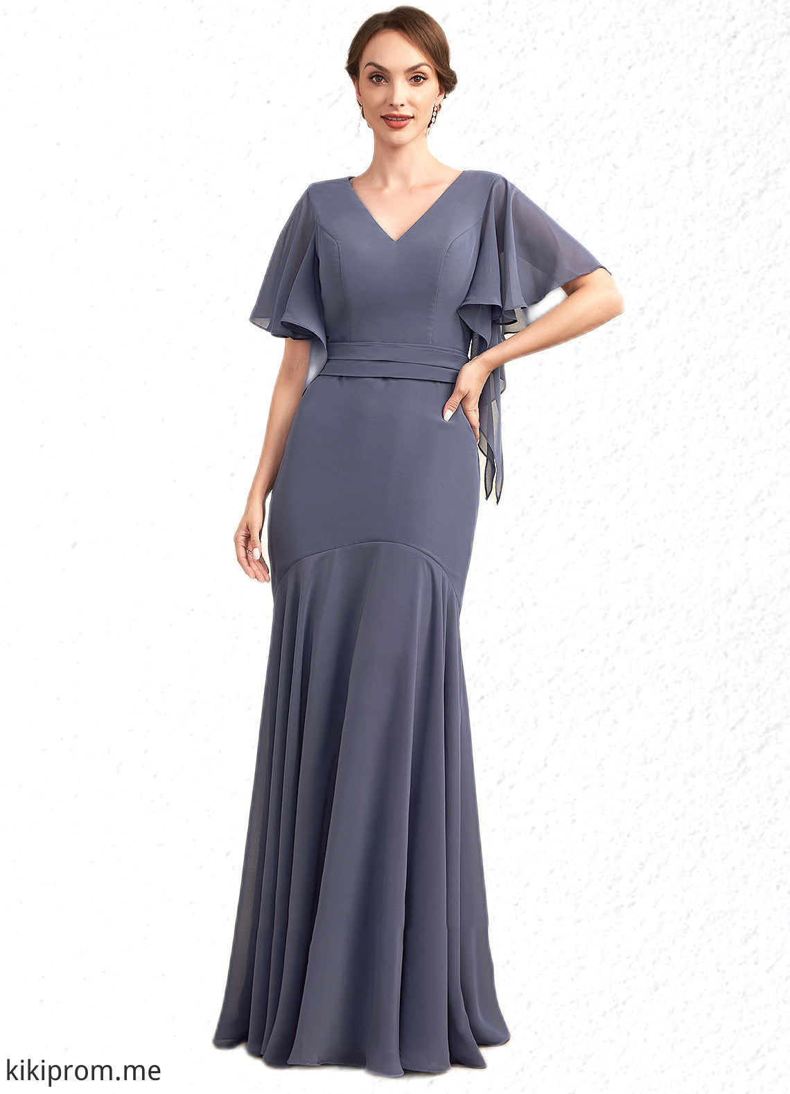 Ruby Trumpet/Mermaid V-neck Floor-Length Chiffon Mother of the Bride Dress STF126P0014951